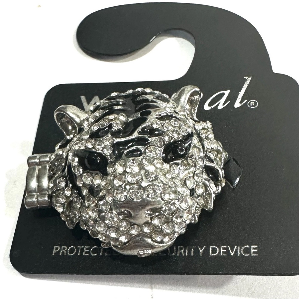 Silver Tone Tiger Head & Rhinestones Stretch Ring Black Enamel Wet Seal New